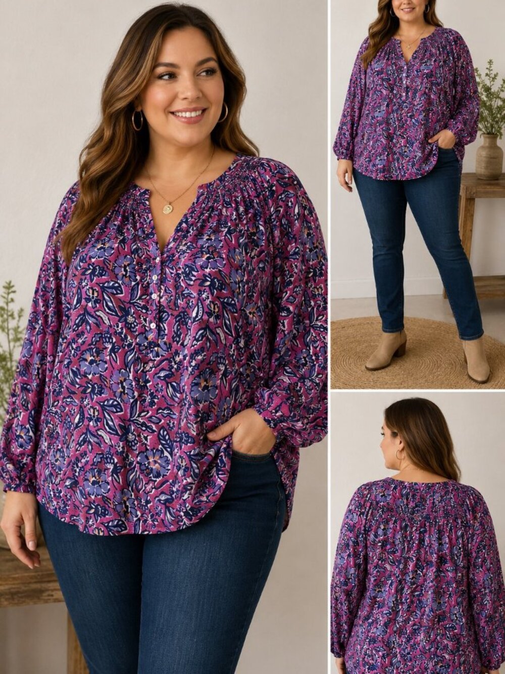 Sonoma 1X Long Sleeve Blouse Purple Floral Smocked Neckline Plus Size
